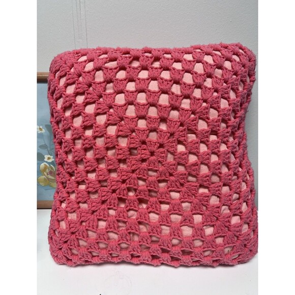 Vintage Pink Crocheted Granny Square Handmade Throw Pillow Cottage Core 15x15 - Picture 4 of 4
